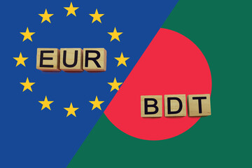 United Europe and Bangladesh currencies codes on national flags background