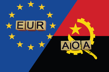 United Europe and Angola currencies codes on national flags background