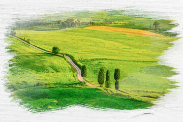 Dirty road and green field in Tuscany, Watercolor painting