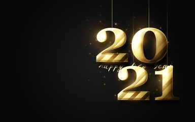 Poster - Happy New Year. Christmas decorations hanging gold number 2021. Greetings and invitation cards. Vector illustration