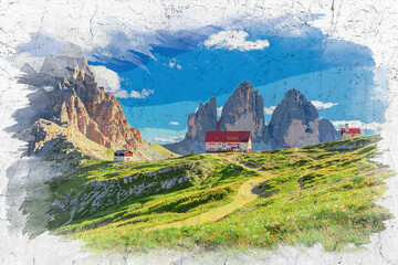 Wall Mural - Watercolor painting of Tre Cime and Dreizinnen hut, Dolomites