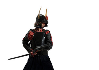 japanese samurai in black uniform with katana sword, on white background, isolated