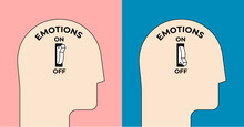 Emotions Turn On And Off. Emotional Intelligence Concept With Human Head Silhouette With Emotion On Or Off Toggle Switch Inside. Minimalistic Vector Illustration.