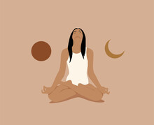Girl Or Woman Meditate In Lotus Asana Or Position With Sun And Moon On Both Sides. Meditation Or Inner Balance Concept. Trendy Minimalistic Pastel Terracotta Colored Vector Illustration.