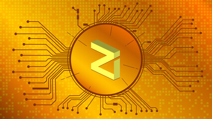 Wall Mural - zilliqa cryptocurrency token symbol, zil coin icon in circle with pcb on gold background. vector ill