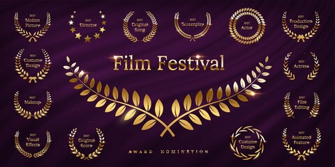 Wall Mural - golden shiny award laurel wreaths isolated on violet waving curtain background. vector film awards d