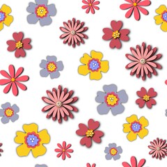 Poster - Paper flowers seamless pattern. Repeating background with paper cut florals 3D style. Backdrop for summer, spring, Easter, fabric, packaging, wallpaper, gift wrap. High quality photo.