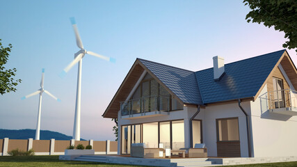 Wall Mural - House and wind turbines, 3d illustration