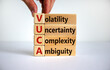 VUCA symbol. Wooden cubes with words 'VUCA - volatility, uncertainty, complexity, ambiguity'. Male hand. Beautiful white background, copy space. Business and VUCA concept.