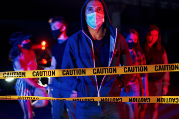 In protective masks. Group of protesting young people that standing together. Activist for human rights or against government