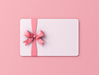 Blank white gift card or gift voucher with pink ribbon bow isolated on pink pastel color background with shadow minimal concept 3D rendering