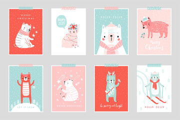 Poster - Christmas card set with Cute Bears celebrating Christmas eve, handwritten letterings and other elements. Funny characters.