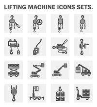 Lifting Equipment Vector Icon I.e. Manual Steel Chain Block Hoist, Electric Hoist, Remote Control, Ratchet Winch, Scissor Lift, Cherry Picker Or Boom Lift, Reach Stacker, Hoist, Hook And Box Package.