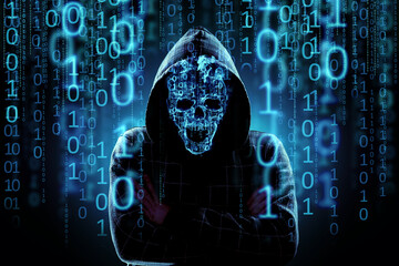 Concept for hacker, internet criminals, cyber attack. a hologram of numbers and an image of a skull consisting of numbers. Binary code