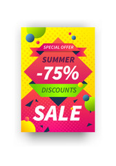 Wall Mural - Summer discount poster. Colorful seasonal sale placard. Abstract geometric square and round shapes with lettering. Advertising banner, special offer and price reduction. Vector label flat template