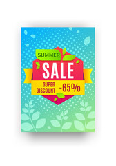 Wall Mural - Summer super discount banner. Special offers promotion flyer. Colorful price reduction poster. Geometric shapes and plant silhouettes. Isolated seasonal fashion collections sale, vector label template