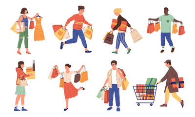 Wall Mural - People shopping. Cartoon buyers with bags and carts. Isolated men or women carry purchases from clothing store and supermarket. Cute male and female buy shoes or garments, holiday presents, vector set