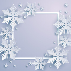 Wall Mural - christmas paper cut snowflake and square frame on soft blue background, vector abstract origami, 3d 