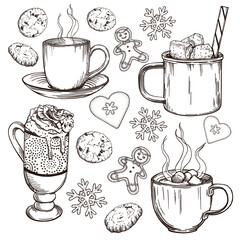 Hand drawn set of warming beverages. Winter illustration with hot drinks and cookies. Taste of Christmas. Black outlines isolated on white background.