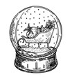 © EVGENIY - santa sleigh glass ball. Hand drawn vector illustration - Christmas snow globe with a snowman, Christmas accessories, fir-tree and the inscription Hello winter . For invitations, greeting cards