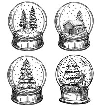 Set Of Christmas Ball. Merry Christmas Glass Ball Collection. Vector Sketch Illustration