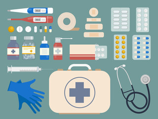 First aid kit box with medical equipment and medicines on a blue background top view. Flat style. Stock illustration for design. Hospital and patient diagnosis. Elements for infographics.