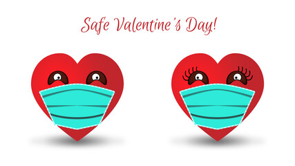 Two cute anthropomorphic hearts in medical face masks look at each other. inscription - Safe Valentine's Day