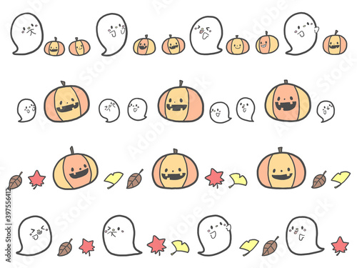 ハロウィンかぼちゃとかわいいオバケたちの秋の手描き風横長ラインイラスト Stock Illustration Adobe Stock