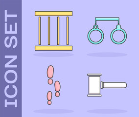 Sticker - Set Judge gavel, Prison window, Footsteps and Handcuffs icon. Vector.