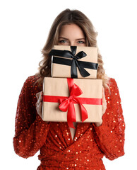 Poster - Beautiful young woman with Christmas presents on white background