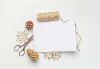 Beautiful Christmas composition with blank card on white background