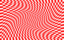 Red And White Distorted Checkered Pattern Background. Vector Illustration Of Red And White Squares. Torsion, Twist, Rotary Deform, Gyration, Revolve Checkerboard Graphic. Croatian Checkerboard Concept
