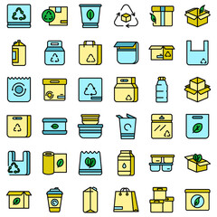 Sticker - Eco packaging icons set. Outline set of eco packaging vector icons thin line color flat on white