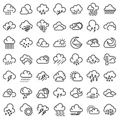 cloudy weather icons set. outline set of cloudy weather vector icons for web design isolated on whit