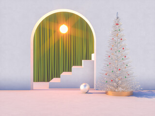 Fototapete - Winter Christmas scene with a podium backdrop for product display. 3d render.