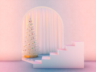 Fototapete - Winter Christmas scene with a podium backdrop for product display. 3d render.