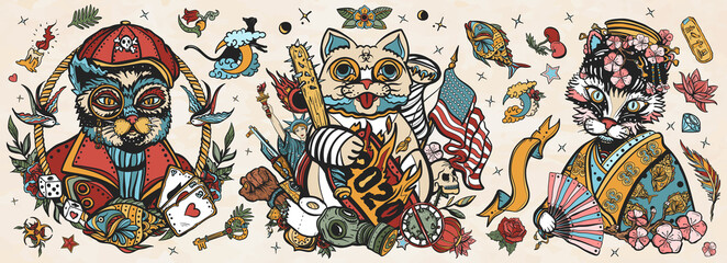 Wall Mural - Cats old school tattoo vector collection. Unlucky lucky cat, symbol 2020 world crisis concept. Portrait of kitty geisha princess. Traditional tattooing style. Funny pets art, animals hand drawn