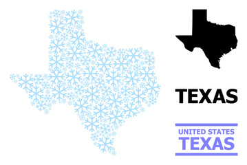 Wall Mural - Vector mosaic map of Texas State organized for New Year, Christmas celebration, and winter. Mosaic map of Texas State is shaped from light blue snow elements.