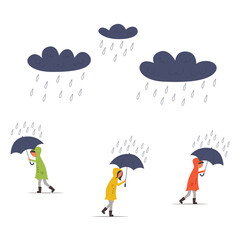 people in raincoats walk under umbrellas in rainy weather. clouds with rain. people are in a hurry. 