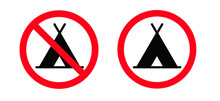 No Camper. No Camping Icon. Silhouette Of A Trailer, A House On Wheels. No Camping Tent, Cars And Caravans Forbidden Sign. Stop Halt Allowed Do Not Enter, No Ban Signs. Prohibited Icons.
