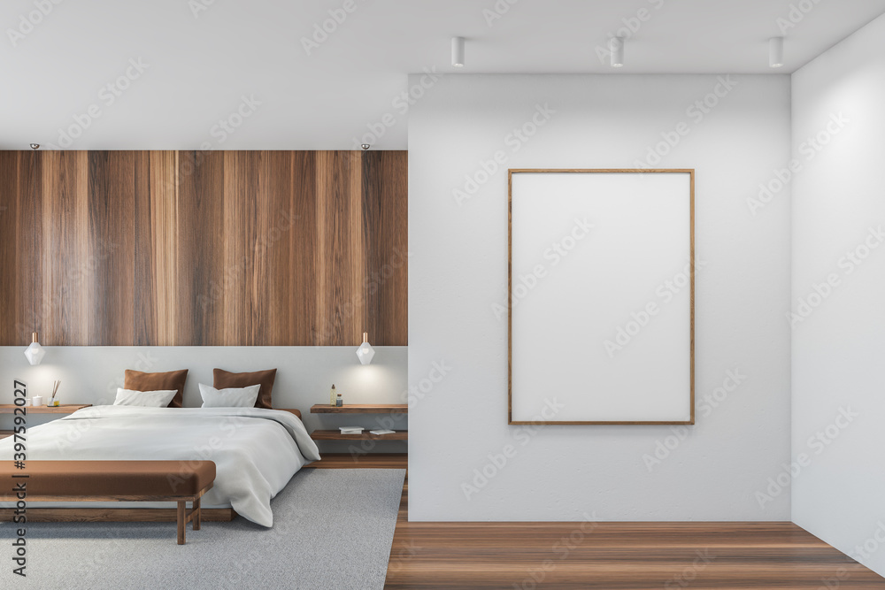 Mockup blank frame in wooden and white bedroom, big bed with linens - obrazy, fototapety, plakaty 