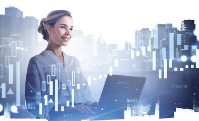 Wall Mural - Smiling woman with laptop in city and graphs