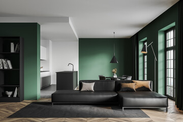 Green and white living room interior with sofa