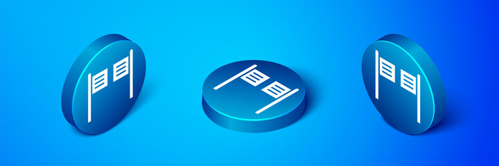 Poster - Isometric Old western swinging saloon door icon isolated on blue background. Blue circle button. Vector Illustration.