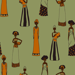 Seamless vector pattern with beautiful women on grey background. African tribe wallpaper design. Decorative female fashion textile.