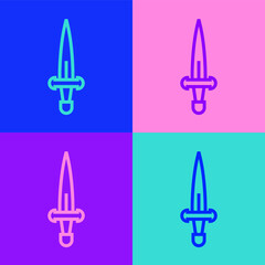 Sticker - Pop art line Dagger icon isolated on color background. Knife icon. Sword with sharp blade. Vector.