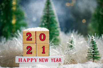 Wall Mural - Happy New Year 2021 with Christmas tree winter holiday festive background