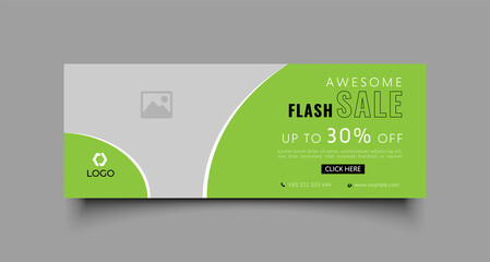 Wall Mural - Flash sale facebook cover page timeline web ad banner template with photo place modern layout green background and black white shape and text design