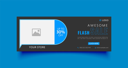 Flash sale facebook cover page timeline web ad banner template with photo place modern layout black background and cyan shape and text design