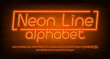 Neon Line alphabet font. Orange neon light letters, numbers and symbols. Brick wall background. Stock vector typescript for your design.